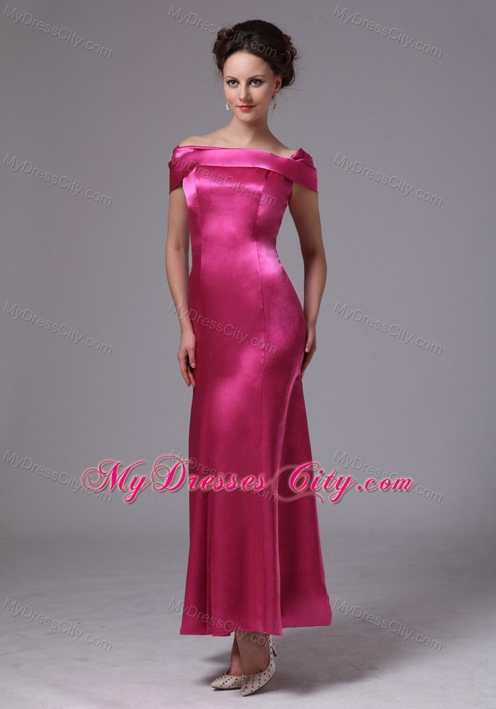 Hot Pink Off The Shoulder Ankle-length Prom Evening Dress