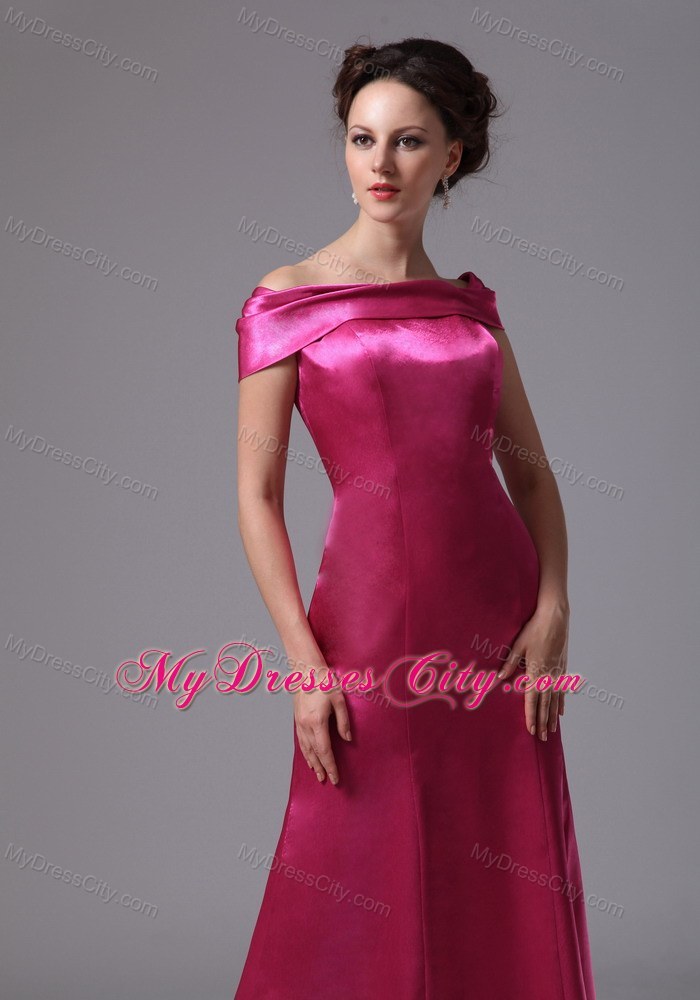 Hot Pink Off The Shoulder Ankle-length Prom Evening Dress