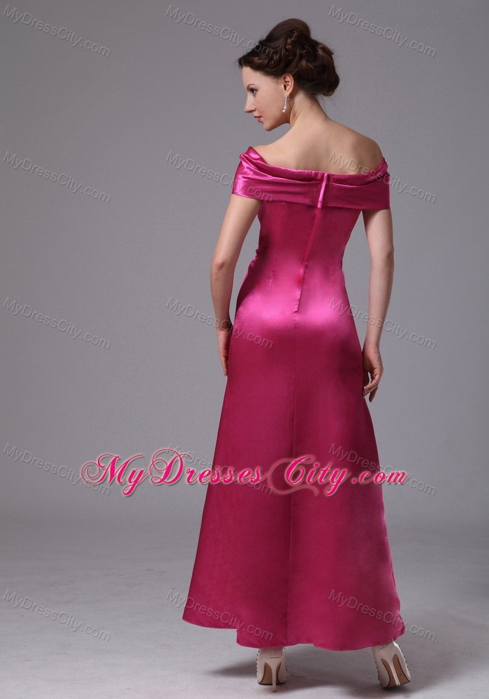 Hot Pink Off The Shoulder Ankle-length Prom Evening Dress