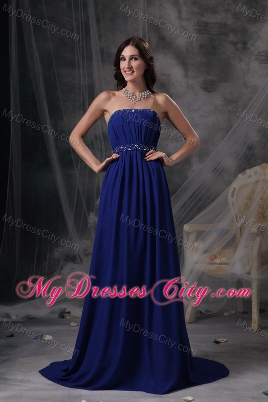 Royal Blue Empire Evening Dress with Beading and Ruching