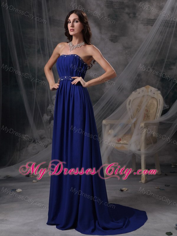 Royal Blue Empire Evening Dress with Beading and Ruching