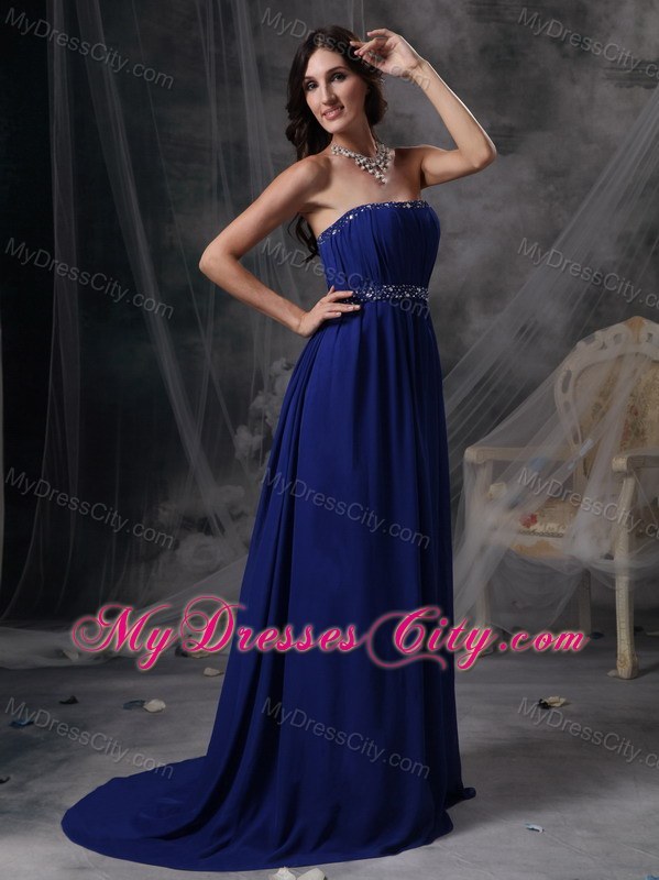 Royal Blue Empire Evening Dress with Beading and Ruching