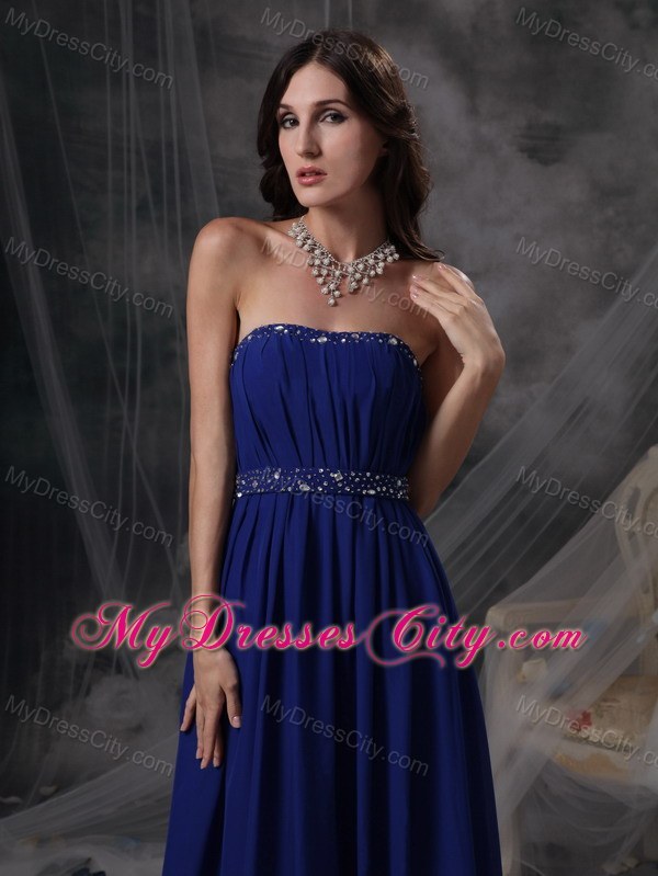 Royal Blue Empire Evening Dress with Beading and Ruching