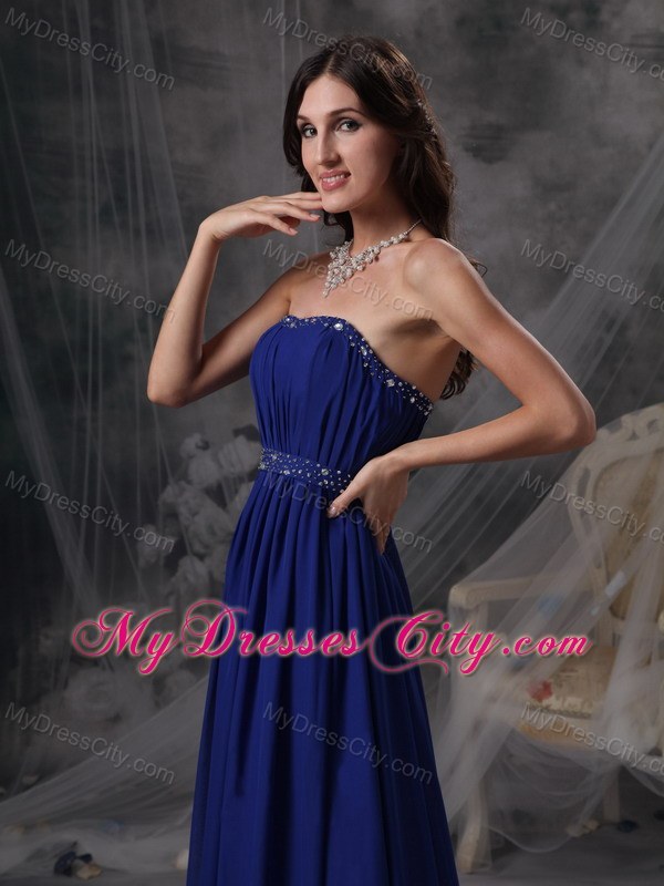 Royal Blue Empire Evening Dress with Beading and Ruching