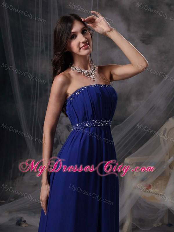 Royal Blue Empire Evening Dress with Beading and Ruching