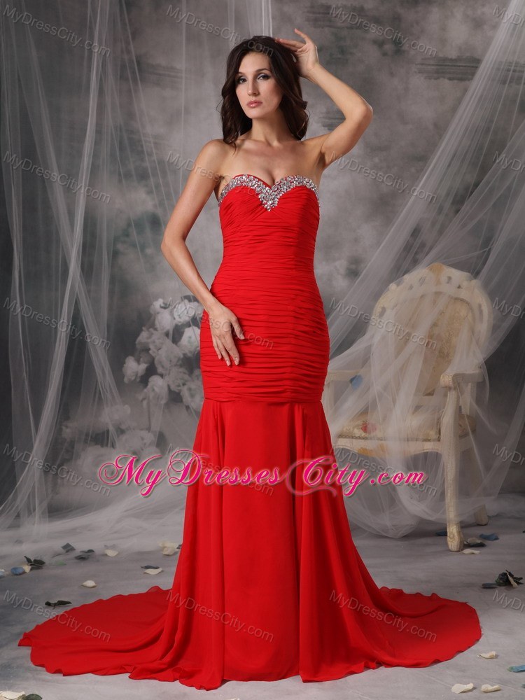 Elegant Red Trumpet Sweetheart Court Train Beaded Evening Dress