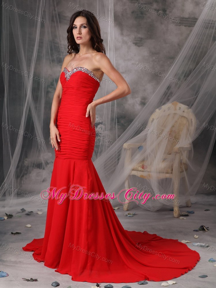 Elegant Red Trumpet Sweetheart Court Train Beaded Evening Dress