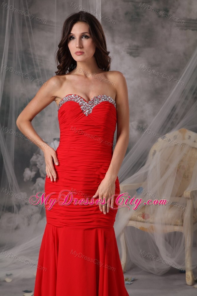 Elegant Red Trumpet Sweetheart Court Train Beaded Evening Dress