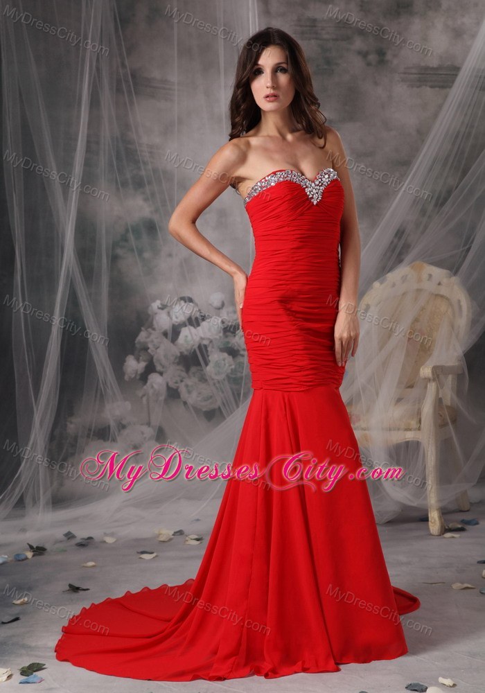 Elegant Red Trumpet Sweetheart Court Train Beaded Evening Dress