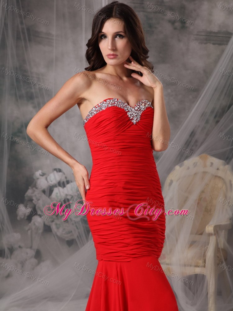 Elegant Red Trumpet Sweetheart Court Train Beaded Evening Dress