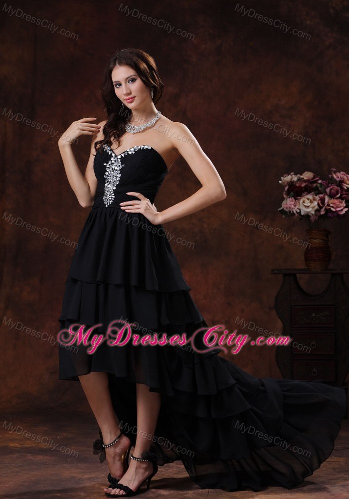 High-low Chiffon Beaded Sweetheart Black Evening Dress With Train