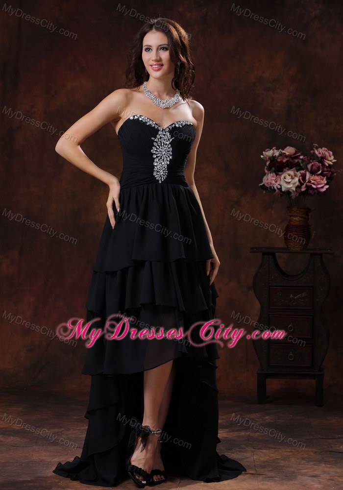 High-low Chiffon Beaded Sweetheart Black Evening Dress With Train