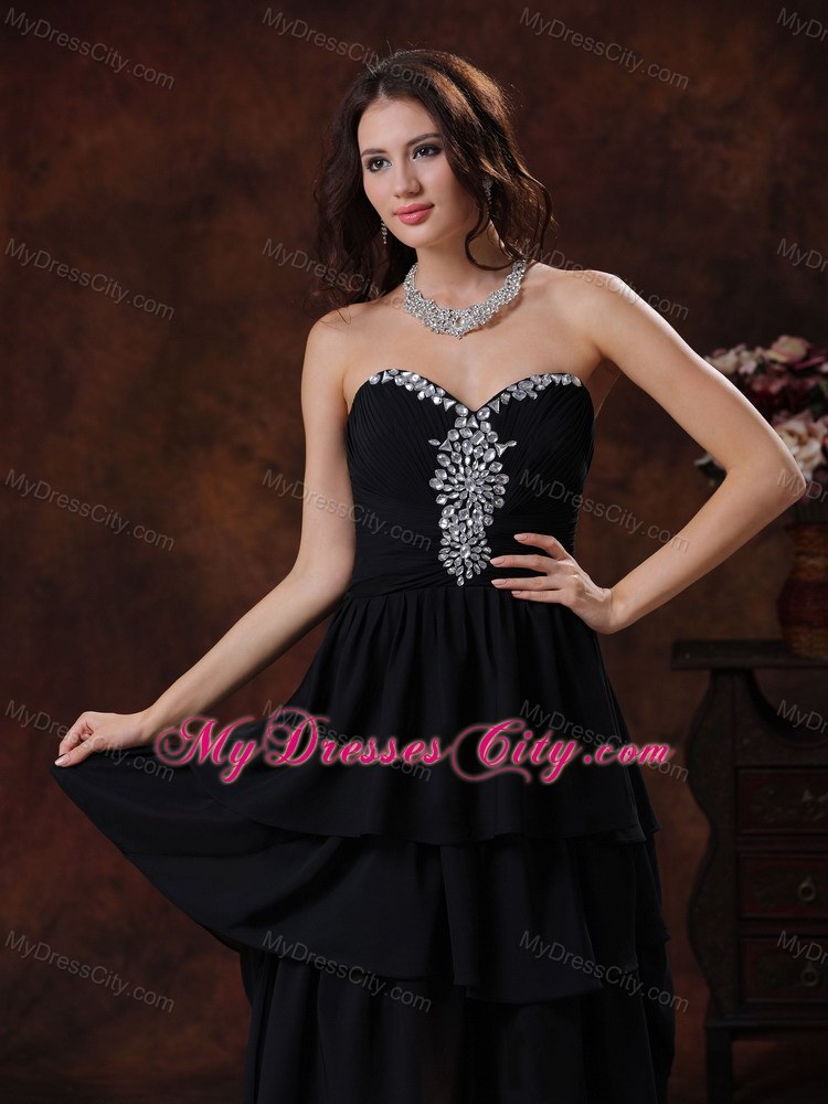 High-low Chiffon Beaded Sweetheart Black Evening Dress With Train