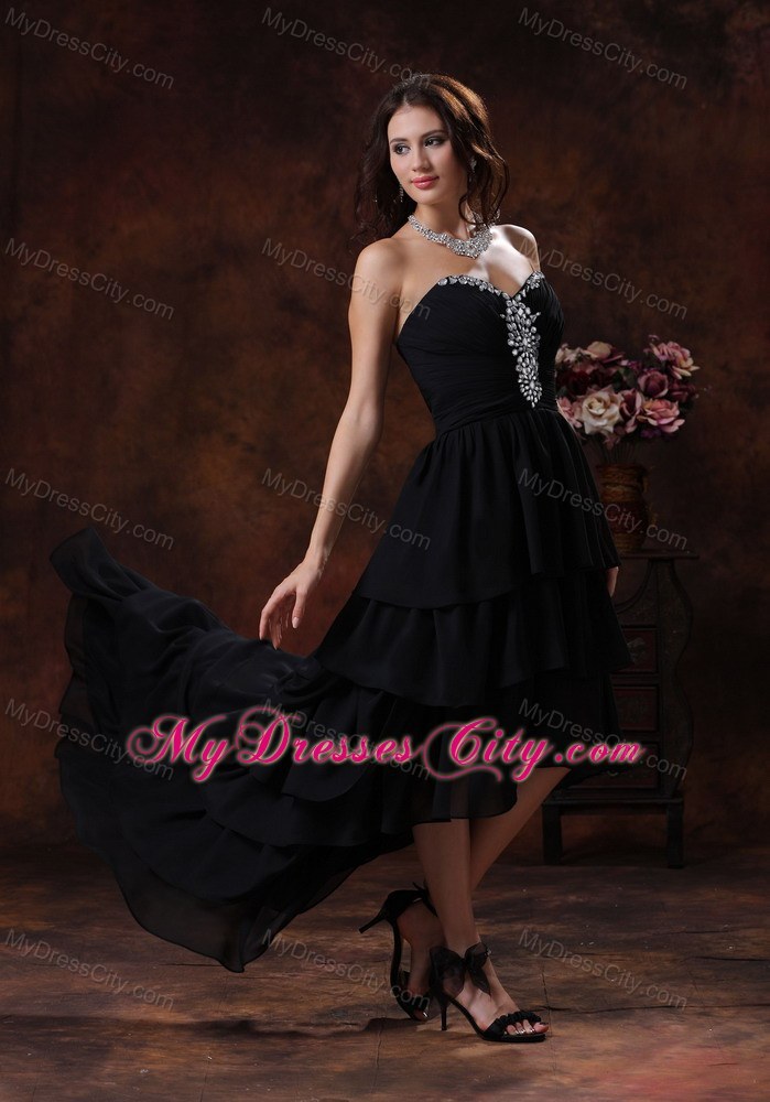 High-low Chiffon Beaded Sweetheart Black Evening Dress With Train