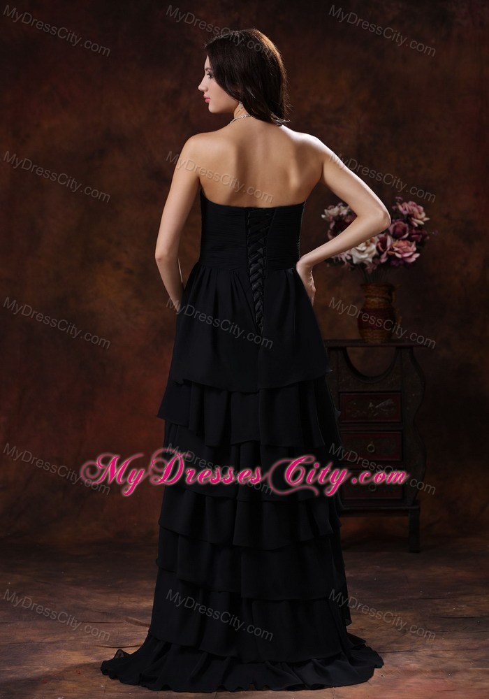 High-low Chiffon Beaded Sweetheart Black Evening Dress With Train