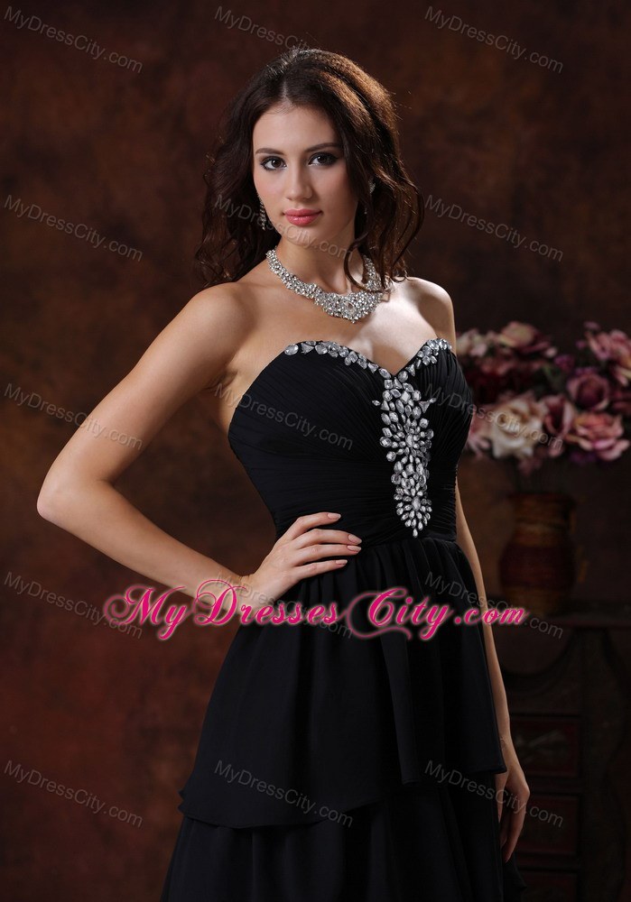 High-low Chiffon Beaded Sweetheart Black Evening Dress With Train