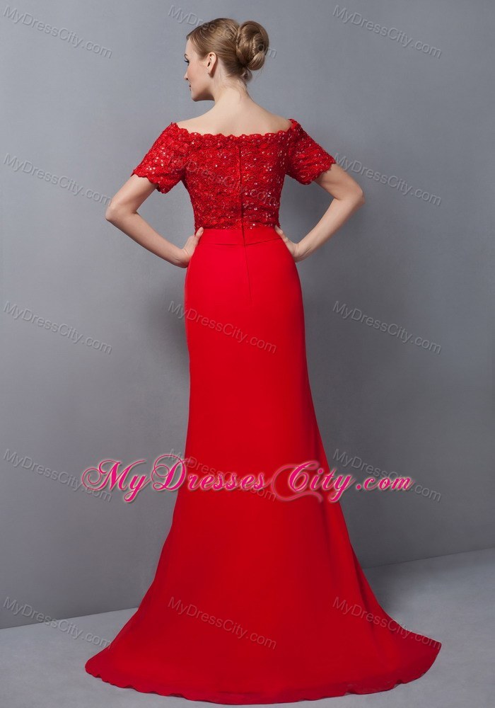 Lace Appliques Off Shoulder Red Evening Dress with Brush Train