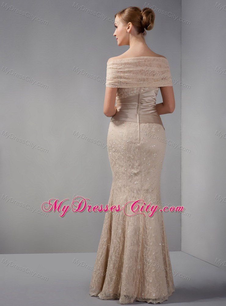 Unique Lace Off Shoulder Beading Mermaid Champagne Evening Dress