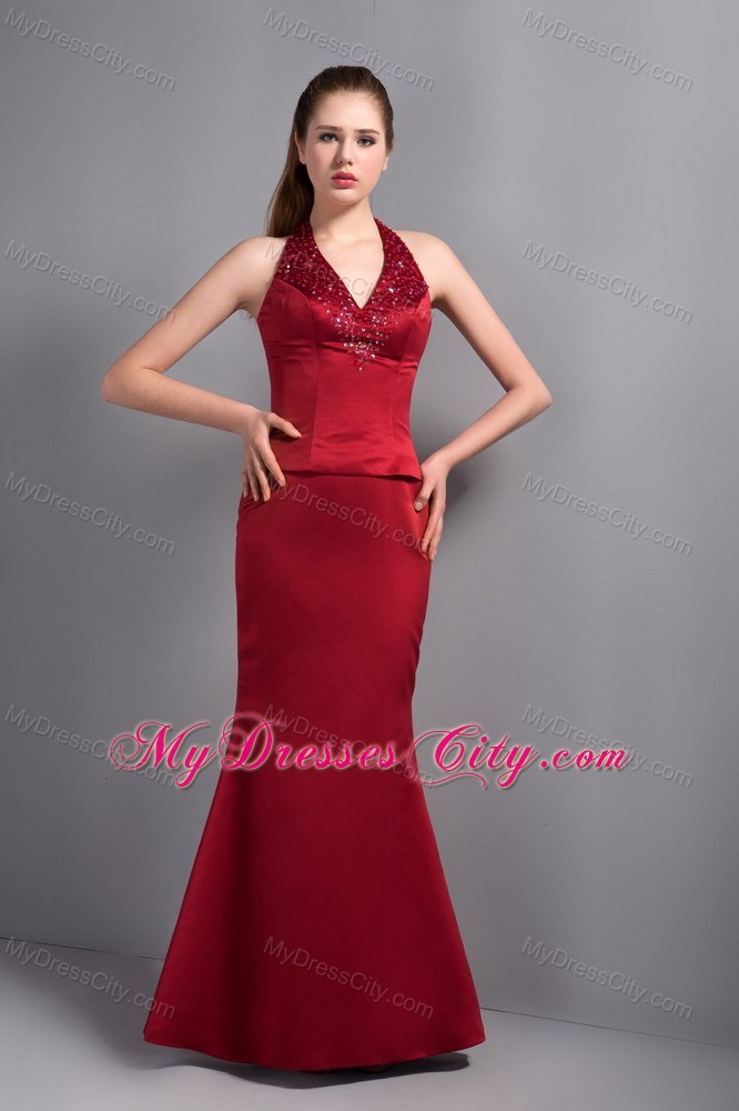 Wine Red Mermaid Halter Top Evening Dress with Beading 2013