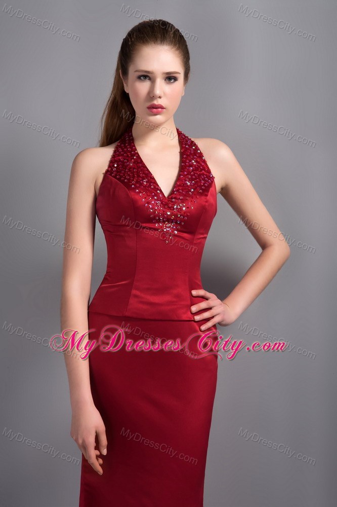 Wine Red Mermaid Halter Top Evening Dress with Beading 2013