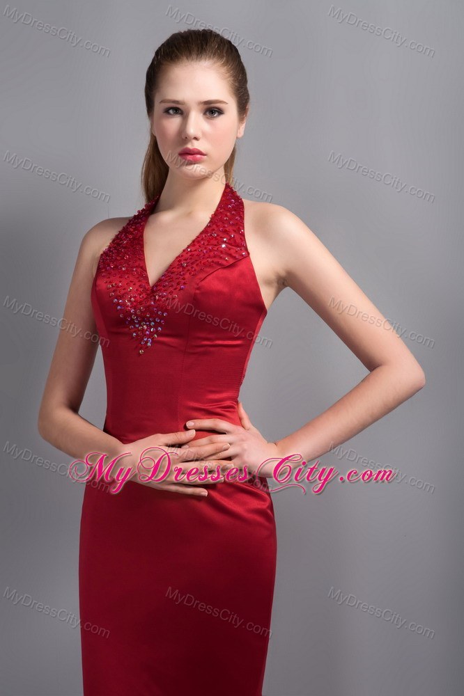 Wine Red Mermaid Halter Top Evening Dress with Beading 2013