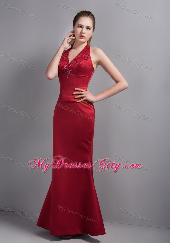 Wine Red Mermaid Halter Top Evening Dress with Beading 2013