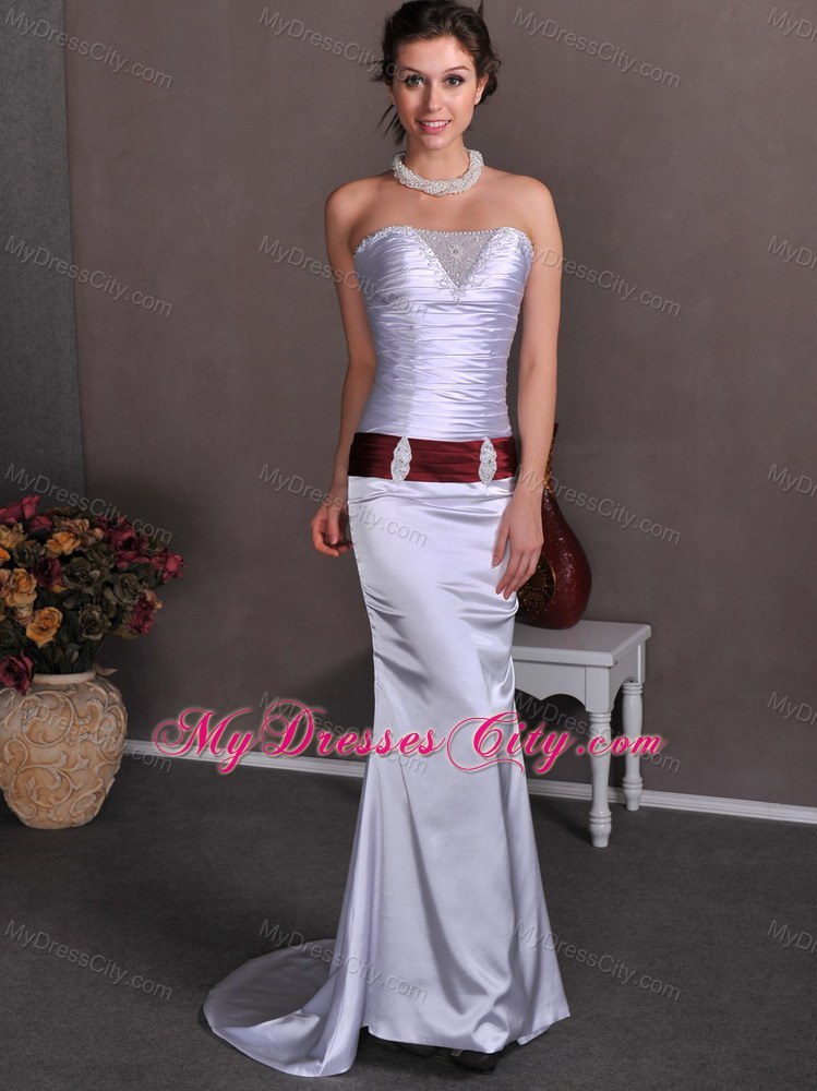 Column Strapless Brush Train Beading and Ruches Evening Dress