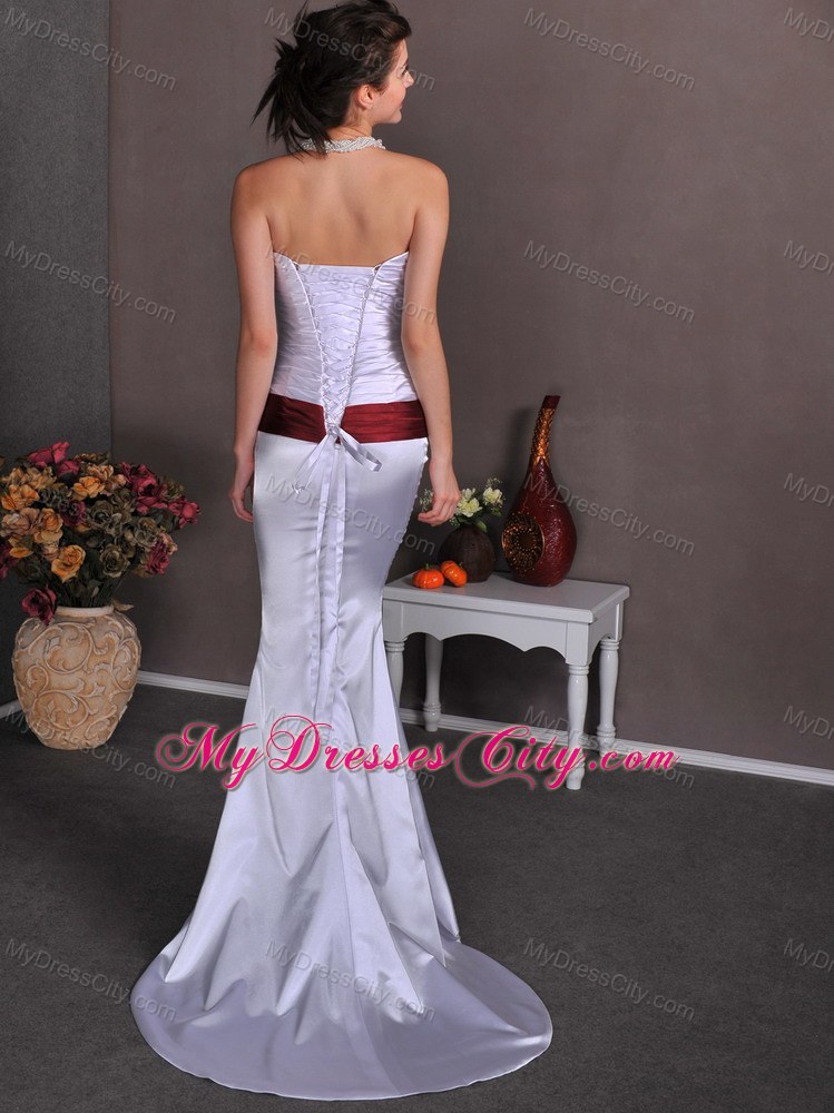 Column Strapless Brush Train Beading and Ruches Evening Dress