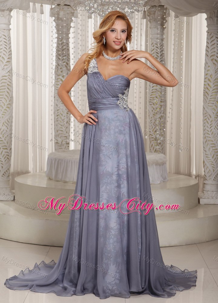 Grey One Shoulder Ruched and Appliques Prom Dress for Evening