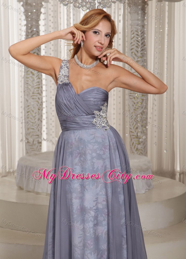 Grey One Shoulder Ruched and Appliques Prom Dress for Evening