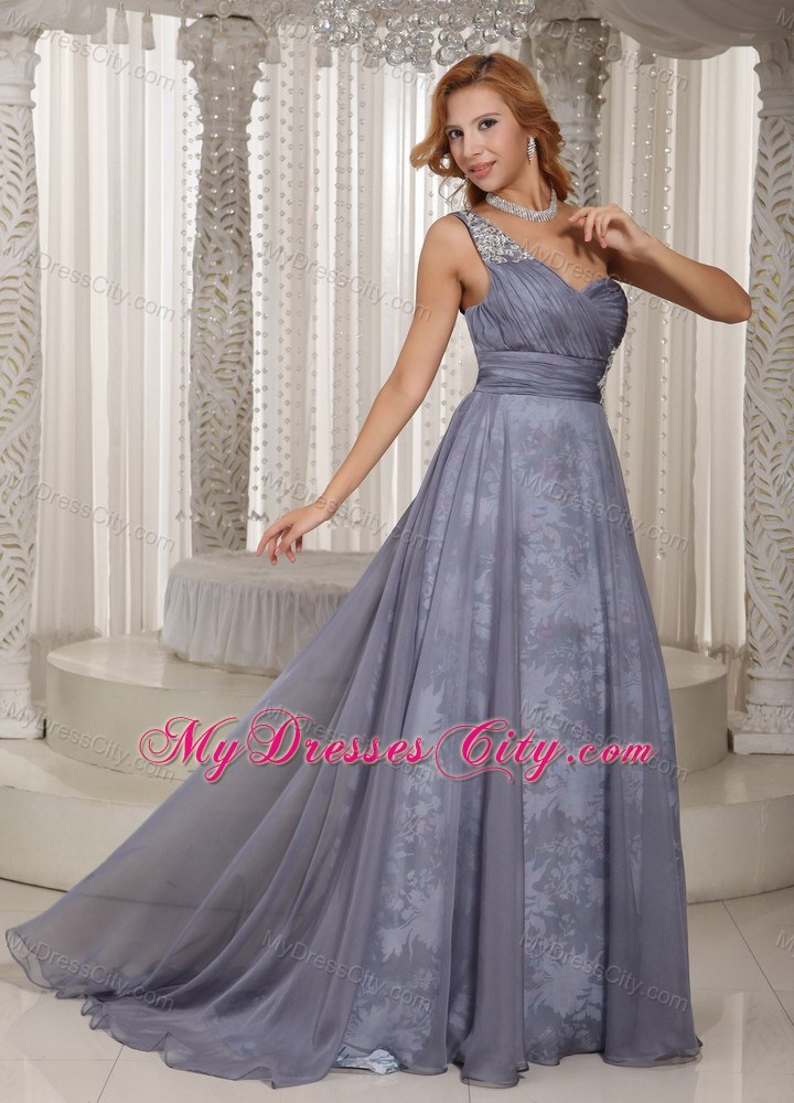 Grey One Shoulder Ruched and Appliques Prom Dress for Evening