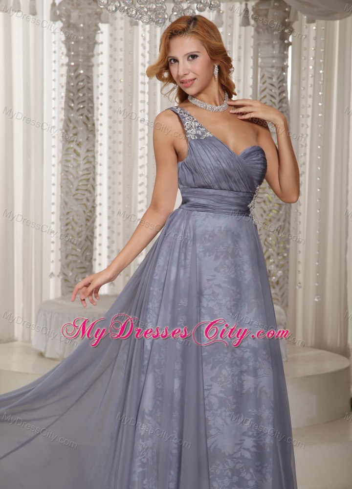 Grey One Shoulder Ruched and Appliques Prom Dress for Evening