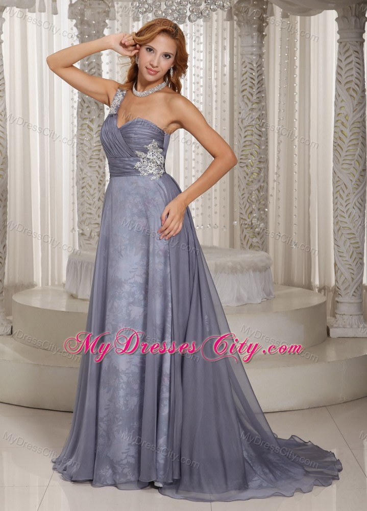 Grey One Shoulder Ruched and Appliques Prom Dress for Evening