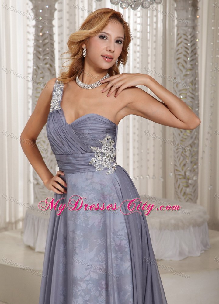 Grey One Shoulder Ruched and Appliques Prom Dress for Evening