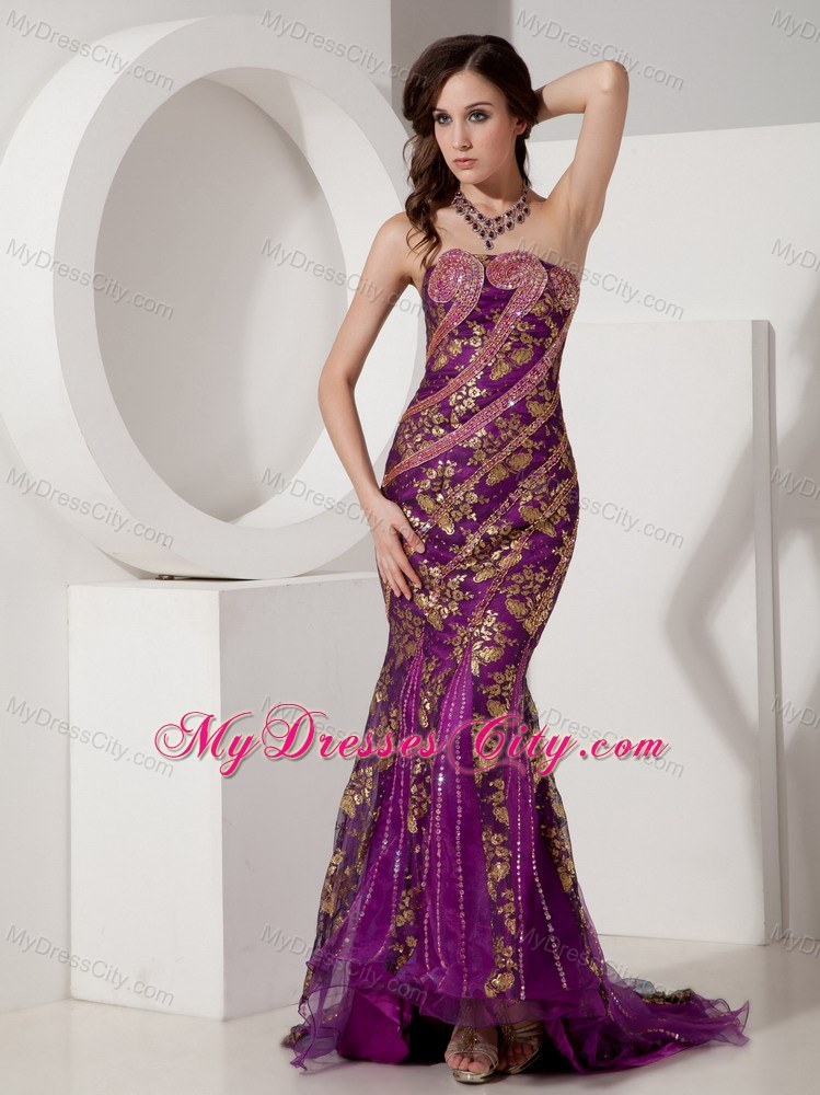 Customize Mermaid Purple and Gold Evening Dress with Brush Train