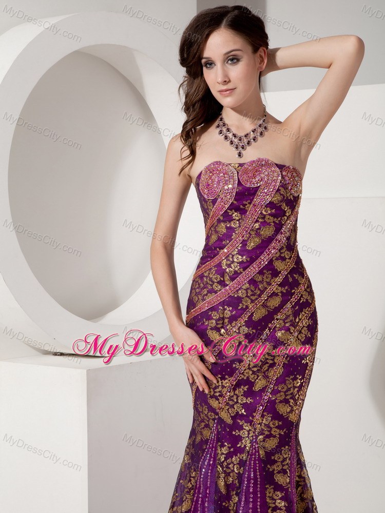 Customize Mermaid Purple and Gold Evening Dress with Brush Train