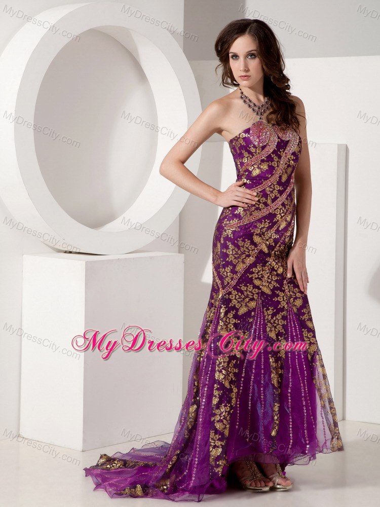 Customize Mermaid Purple and Gold Evening Dress with Brush Train