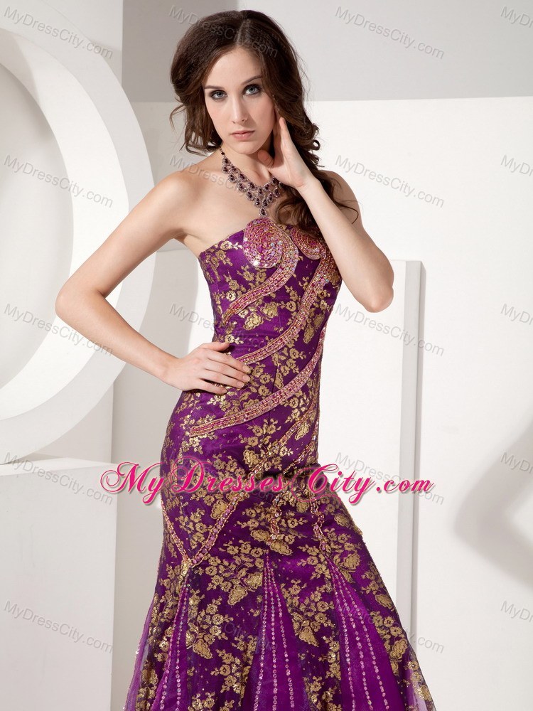 Customize Mermaid Purple and Gold Evening Dress with Brush Train