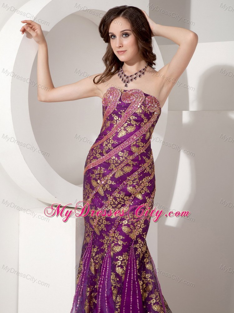 Customize Mermaid Purple and Gold Evening Dress with Brush Train