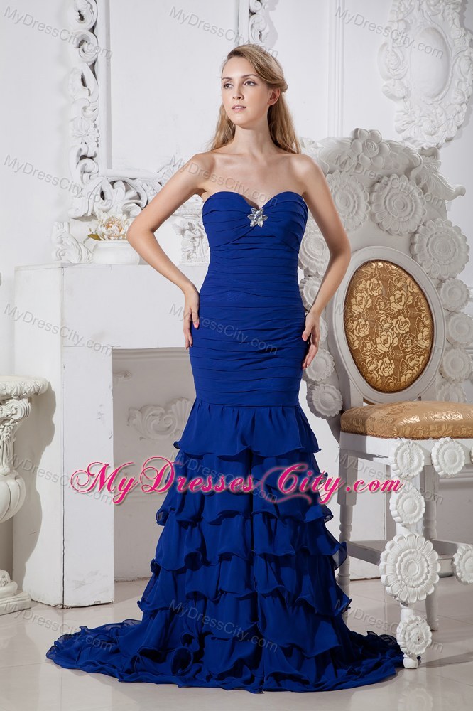 Mermaid Ruffled Layers Brush Train Ruched Beading Royal Evening Dress