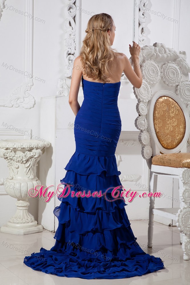 Mermaid Ruffled Layers Brush Train Ruched Beading Royal Evening Dress