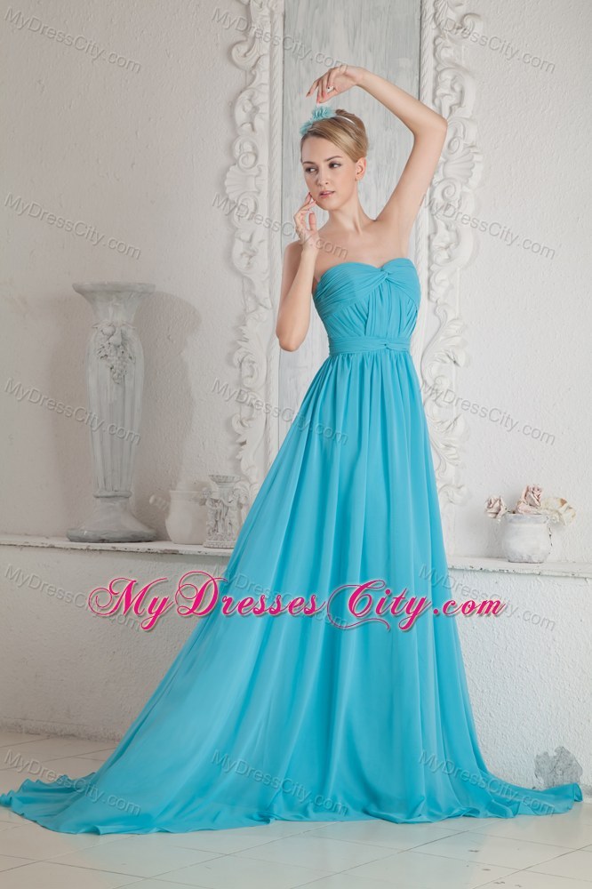 Court Train A-line Sweetheart Ruches Chiffon Baby Blue Evening Dress