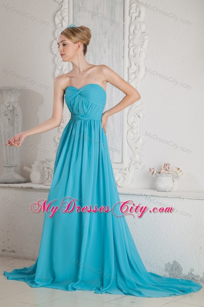 Court Train A-line Sweetheart Ruches Chiffon Baby Blue Evening Dress