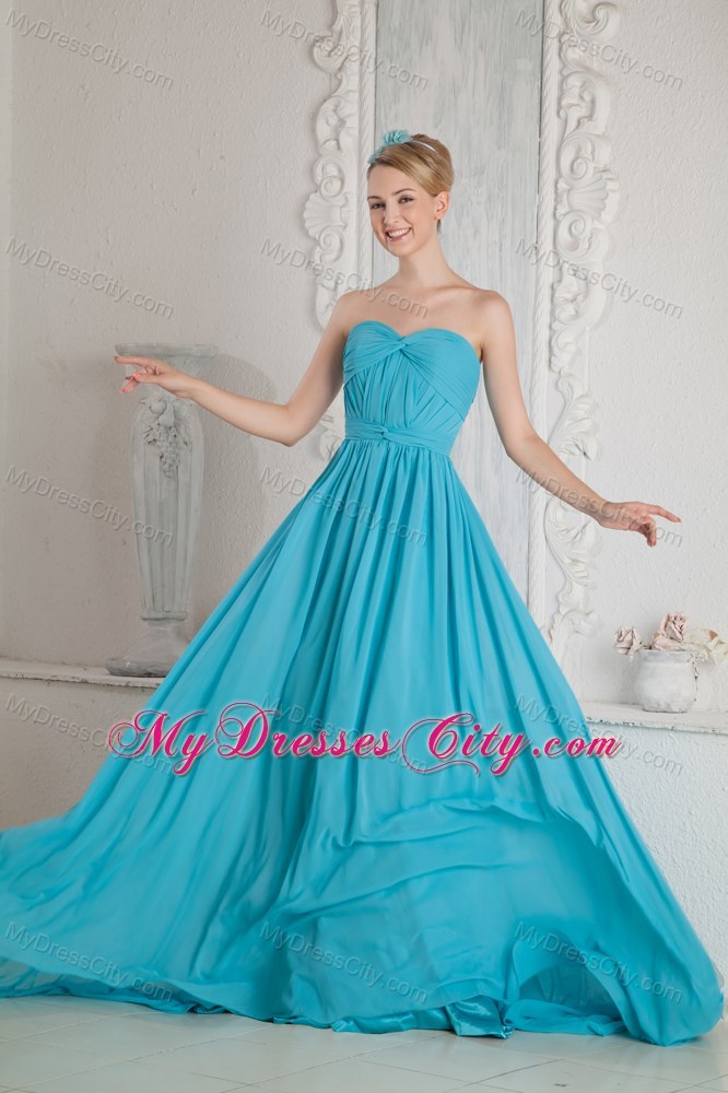 Court Train A-line Sweetheart Ruches Chiffon Baby Blue Evening Dress