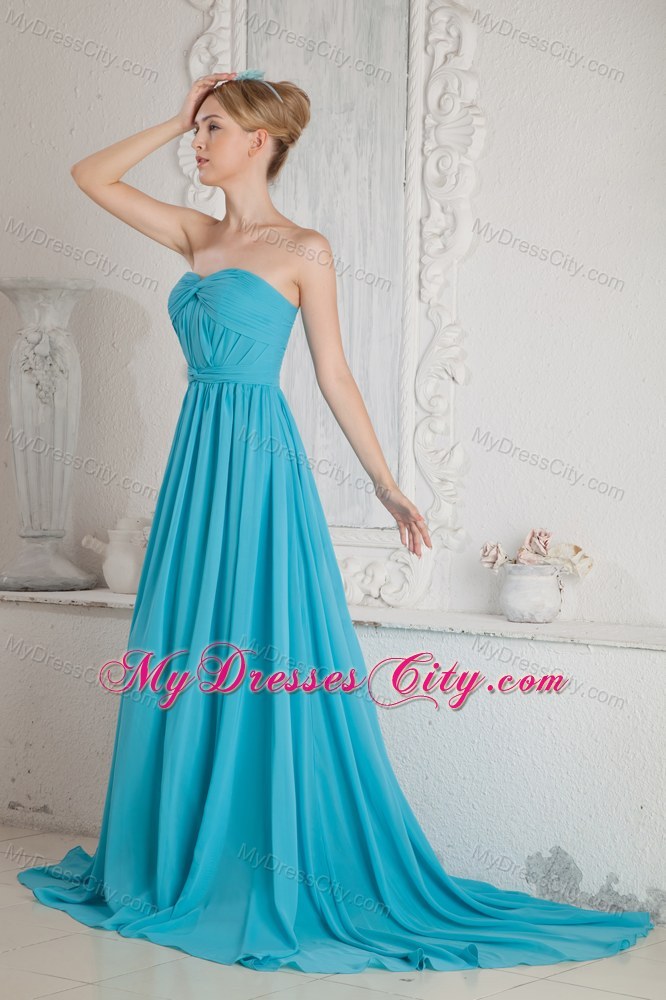 Court Train A-line Sweetheart Ruches Chiffon Baby Blue Evening Dress