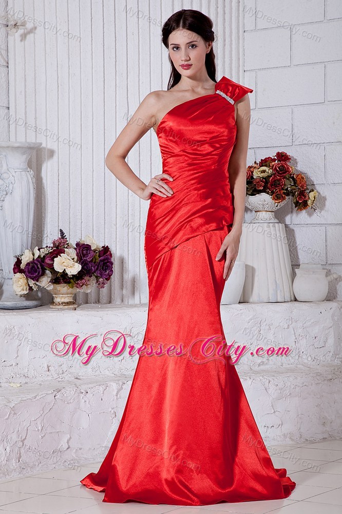 Mermaid One Shoulder Beading Red Prom Evening Dress with Brush Train