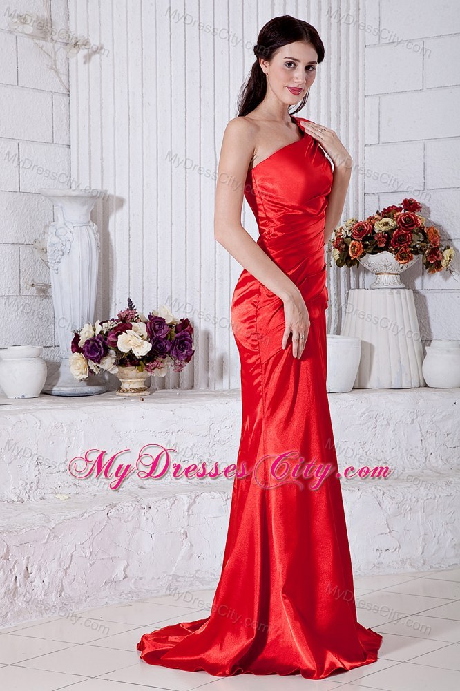 Mermaid One Shoulder Beading Red Prom Evening Dress with Brush Train