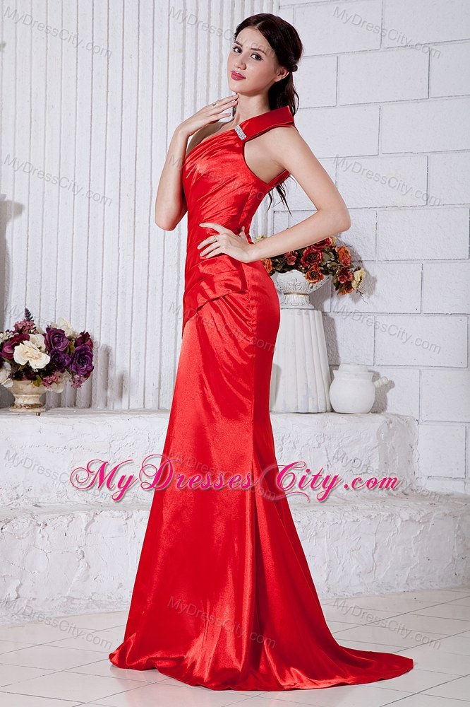 Mermaid One Shoulder Beading Red Prom Evening Dress with Brush Train