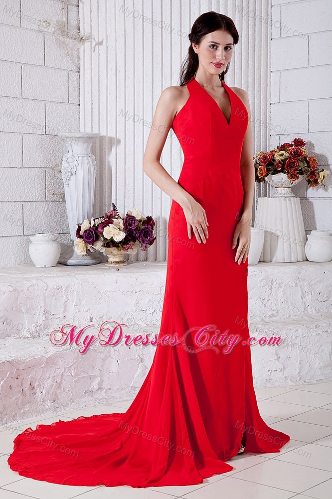 Halter High Slits Brush Train Red Prom Evening Dress for Women