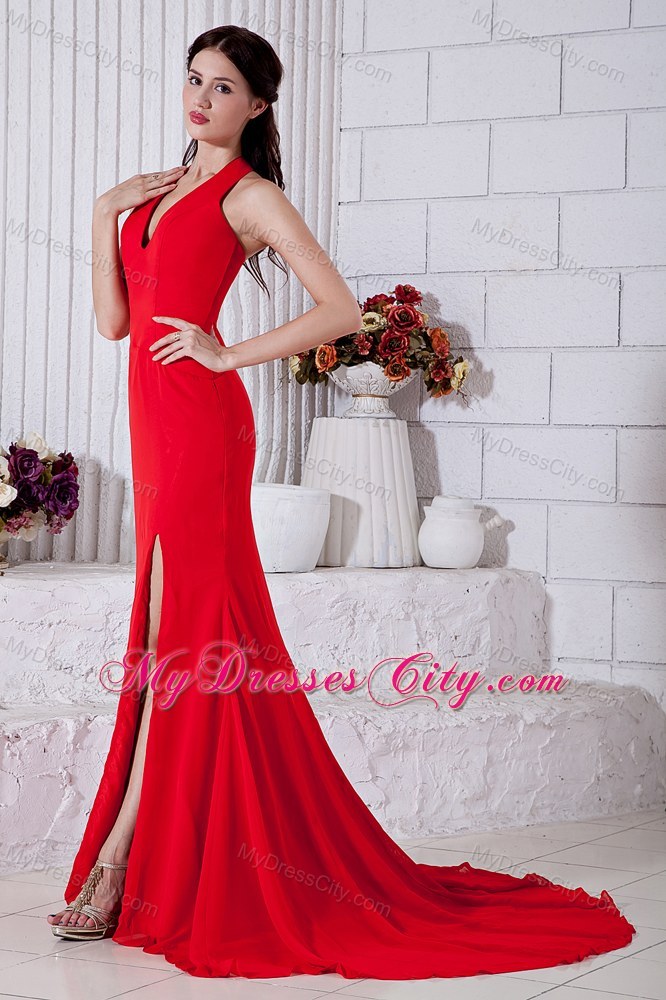 Halter High Slits Brush Train Red Prom Evening Dress for Women